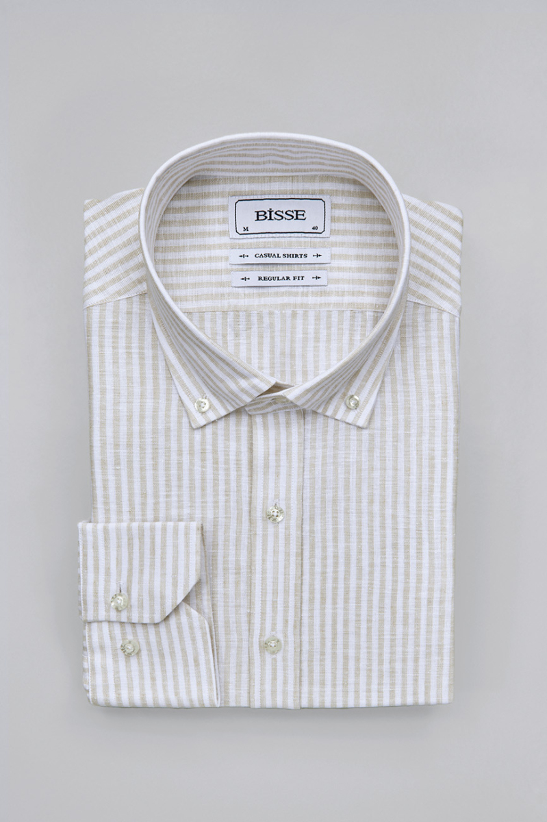 Regular Fit Paşa Yaka Bej Pamuk Keten Erkek Gömlek - 3