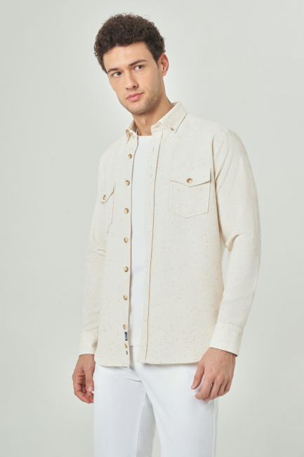 Regular Fit Paşa Yaka Bej Spor Erkek Gömlek - 4