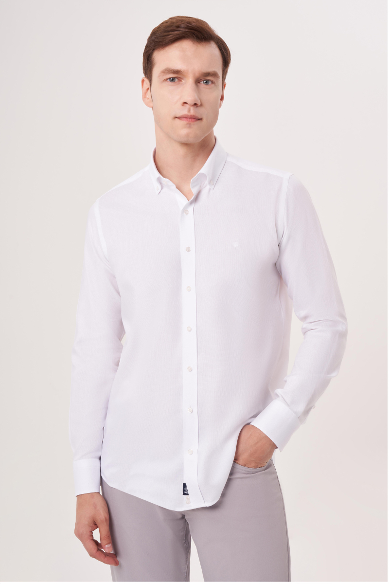 Regular Fit Paşa Yaka Beyaz Erkek Gömlek - 1