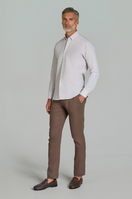 Regular Fit Paşa Yaka Cepsiz Açık Kahve Erkek Gömlek - 3