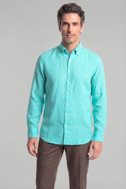 Regular Fit Paşa Yaka Cepsiz Sedef Düğmeli Açık Yeşil Erkek Gömlek - 1
