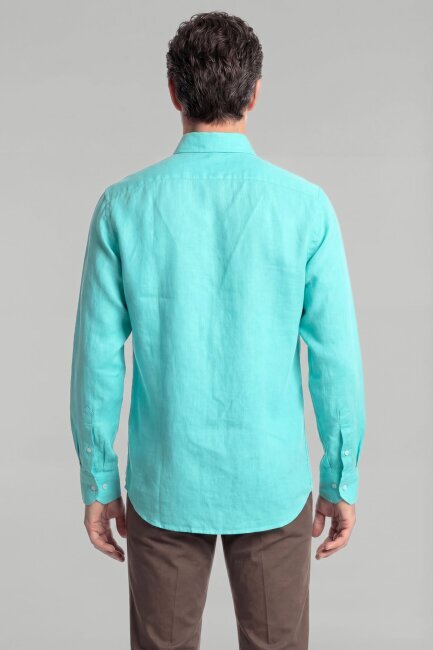 Regular Fit Paşa Yaka Cepsiz Sedef Düğmeli Açık Yeşil Erkek Gömlek - 2