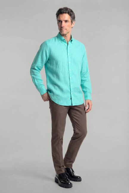 Regular Fit Paşa Yaka Cepsiz Sedef Düğmeli Açık Yeşil Erkek Gömlek - 4