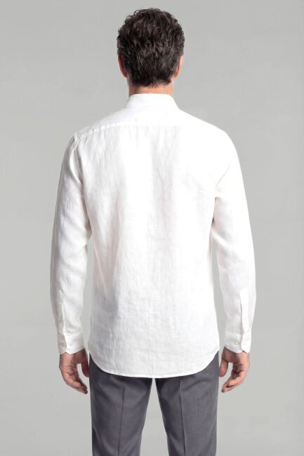 Regular Fit Paşa Yaka Cepsiz Sedef Düğmeli Beyaz Erkek Gömlek - 2