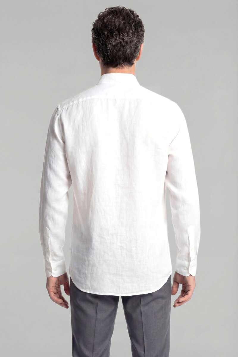 Regular Fit Paşa Yaka Cepsiz Sedef Düğmeli Beyaz Erkek Gömlek - 2