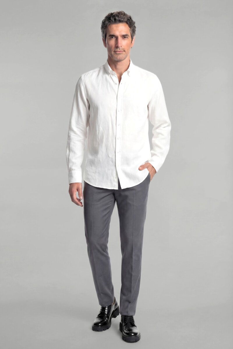 Regular Fit Paşa Yaka Cepsiz Sedef Düğmeli Beyaz Erkek Gömlek - 3