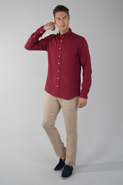 Regular Fit Paşa Yaka Cepsiz Sedef Düğmeli Bordo Erkek Gömlek - 5