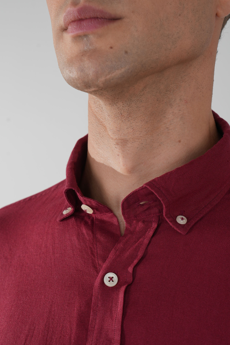 Regular Fit Paşa Yaka Cepsiz Sedef Düğmeli Bordo Erkek Gömlek - 3