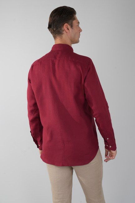 Regular Fit Paşa Yaka Cepsiz Sedef Düğmeli Bordo Erkek Gömlek - 2