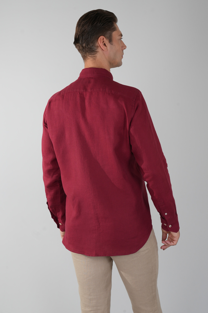 Regular Fit Paşa Yaka Cepsiz Sedef Düğmeli Bordo Erkek Gömlek - 2
