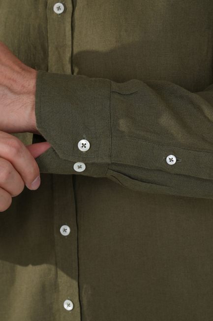 Regular Fit Paşa Yaka Cepsiz Sedef Düğmeli Haki Erkek Gömlek - 4