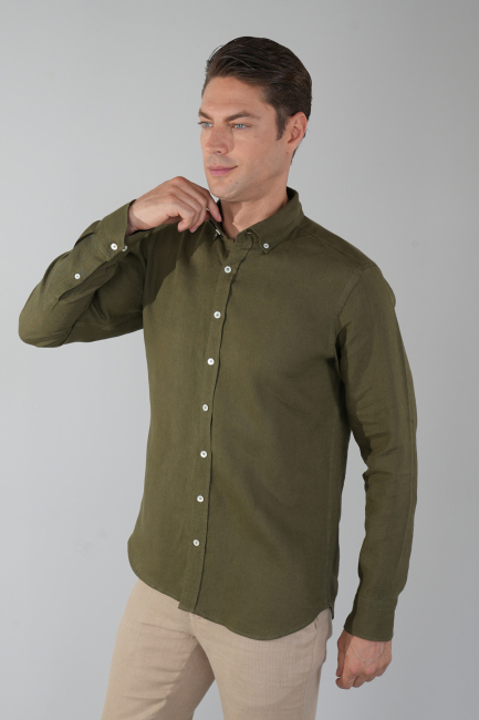 Regular Fit Paşa Yaka Cepsiz Sedef Düğmeli Haki Erkek Gömlek - 5