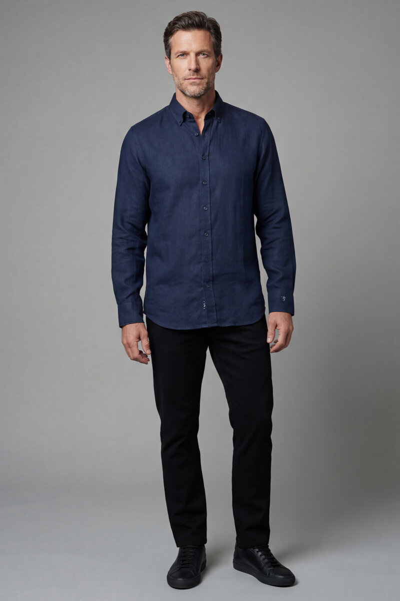 Regular Fit Paşa Yaka Cepsiz Sedef Düğmeli İndigo Erkek Gömlek - 1