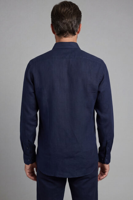 Regular Fit Paşa Yaka Cepsiz Sedef Düğmeli İndigo Erkek Gömlek - 2