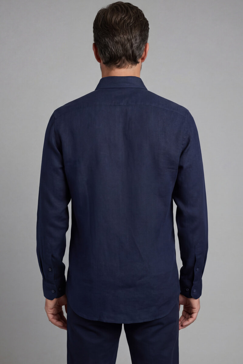 Regular Fit Paşa Yaka Cepsiz Sedef Düğmeli İndigo Erkek Gömlek - 2