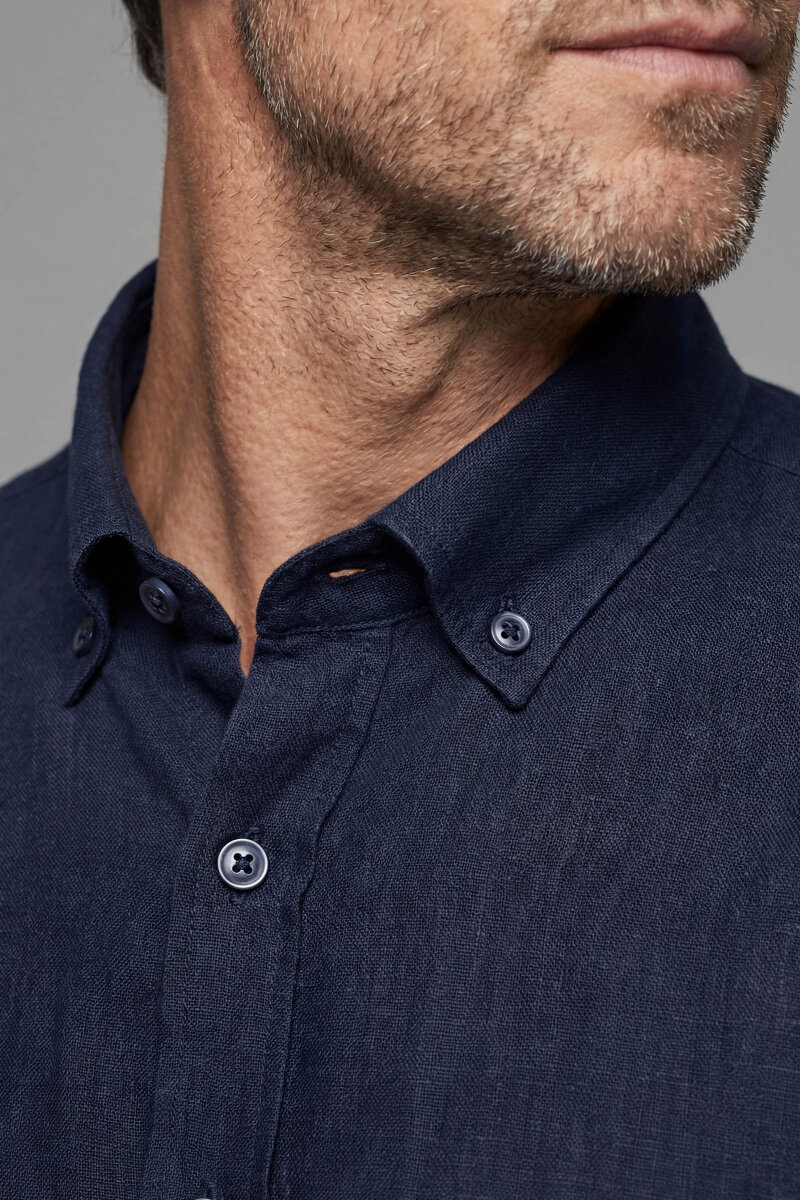 Regular Fit Paşa Yaka Cepsiz Sedef Düğmeli İndigo Erkek Gömlek - 3