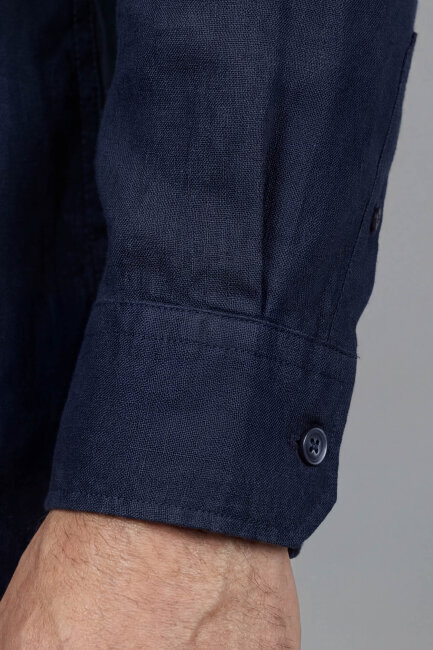 Regular Fit Paşa Yaka Cepsiz Sedef Düğmeli İndigo Erkek Gömlek - 4