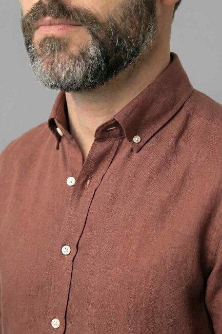 Regular Fit Paşa Yaka Cepsiz Sedef Düğmeli Kahve Erkek Gömlek - 3