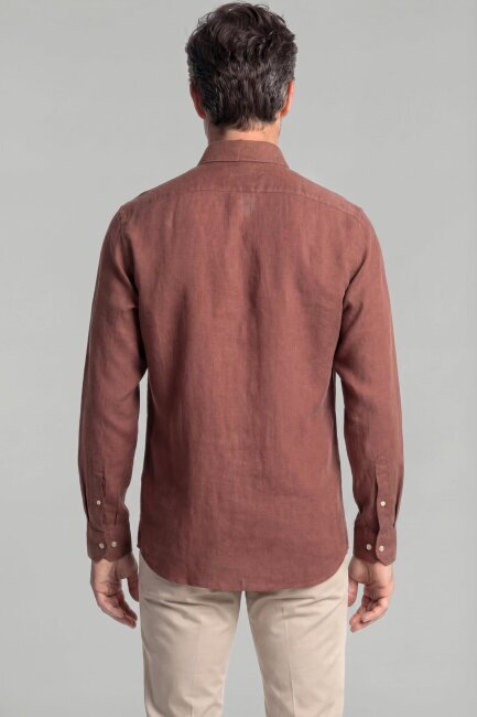 Regular Fit Paşa Yaka Cepsiz Sedef Düğmeli Kahve Erkek Gömlek - 2