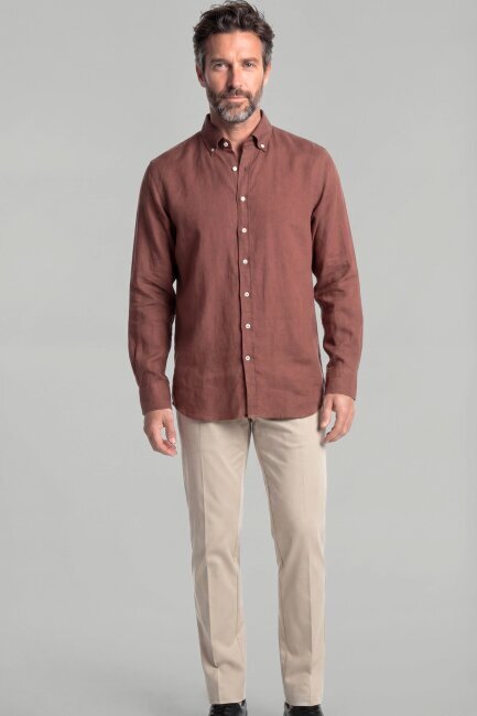 Regular Fit Paşa Yaka Cepsiz Sedef Düğmeli Kahve Erkek Gömlek - 4