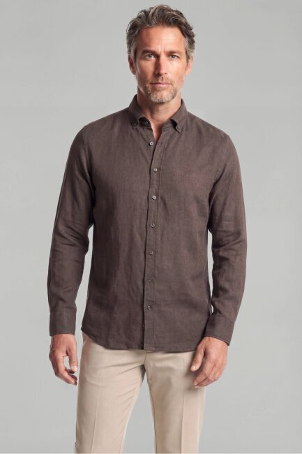 Regular Fit Paşa Yaka Cepsiz Sedef Düğmeli Koyu Kahve Erkek Gömlek - 1