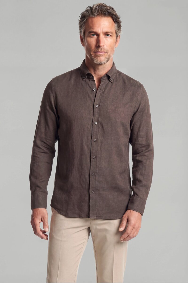 Regular Fit Paşa Yaka Cepsiz Sedef Düğmeli Koyu Kahve Erkek Gömlek - 1