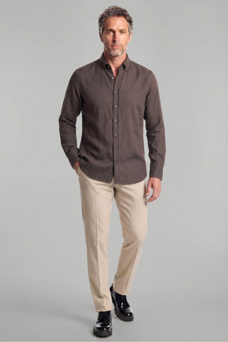 Regular Fit Paşa Yaka Cepsiz Sedef Düğmeli Koyu Kahve Erkek Gömlek - 4