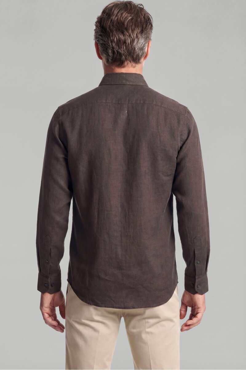 Regular Fit Paşa Yaka Cepsiz Sedef Düğmeli Koyu Kahve Erkek Gömlek - 2