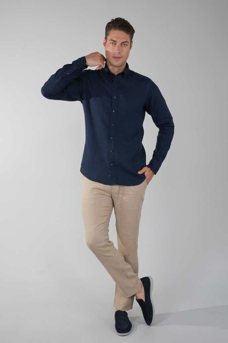 Regular Fit Paşa Yaka Cepsiz Sedef Düğmeli Lacivert Erkek Gömlek - 5