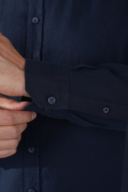 Regular Fit Paşa Yaka Cepsiz Sedef Düğmeli Lacivert Erkek Gömlek - 4