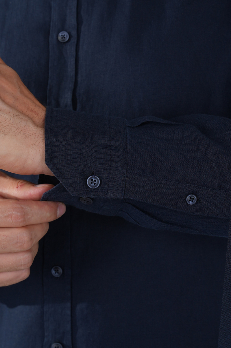 Regular Fit Paşa Yaka Cepsiz Sedef Düğmeli Lacivert Erkek Gömlek - 4