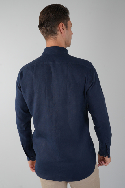 Regular Fit Paşa Yaka Cepsiz Sedef Düğmeli Lacivert Erkek Gömlek - 2