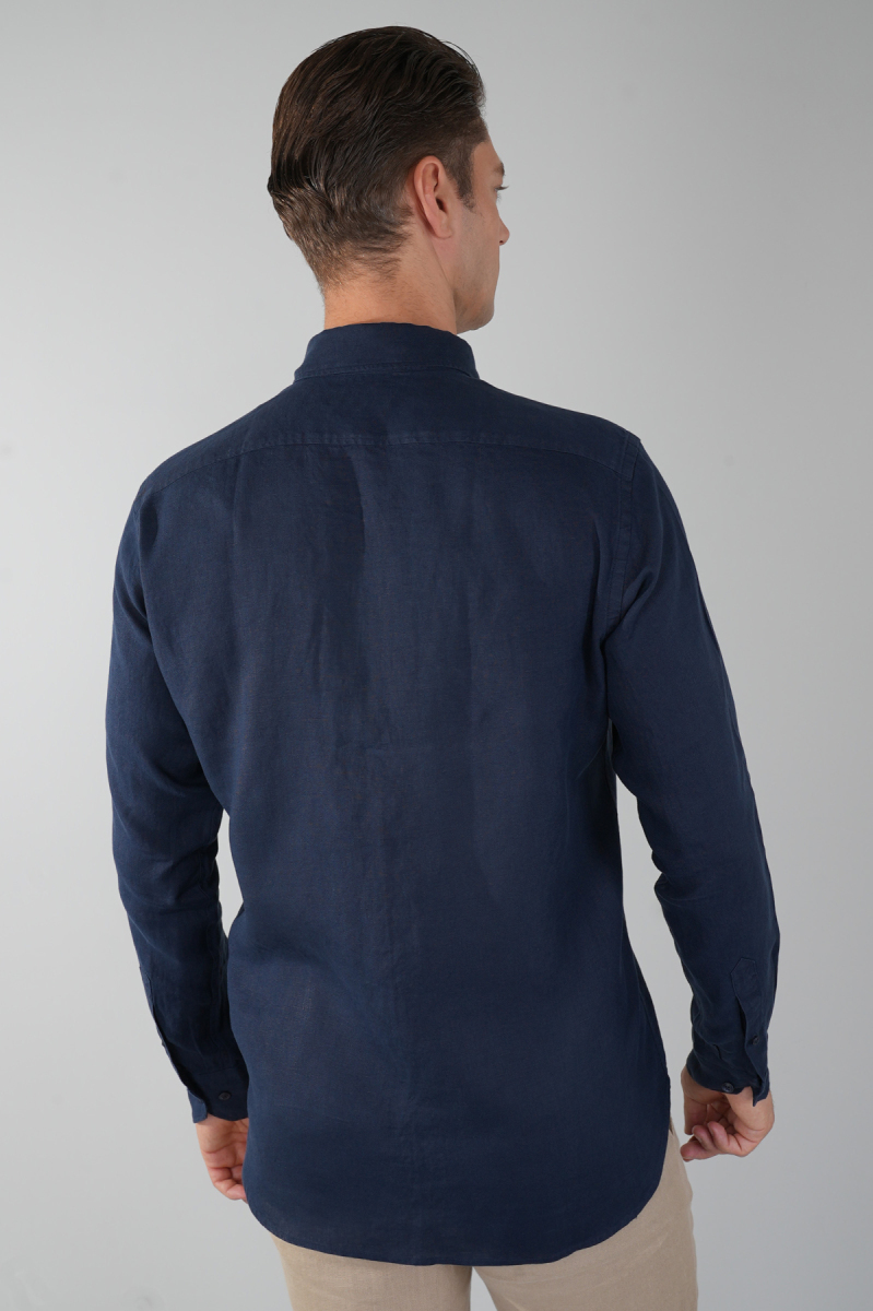 Regular Fit Paşa Yaka Cepsiz Sedef Düğmeli Lacivert Erkek Gömlek - 2