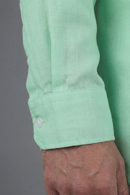 Regular Fit Paşa Yaka Cepsiz Sedef Düğmeli Su Yeşili Erkek Gömlek - 4