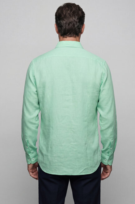 Regular Fit Paşa Yaka Cepsiz Sedef Düğmeli Su Yeşili Erkek Gömlek - 2