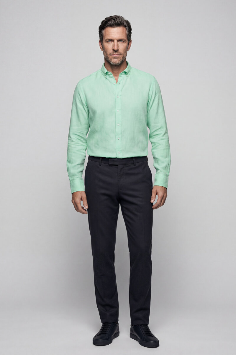 Regular Fit Paşa Yaka Cepsiz Sedef Düğmeli Su Yeşili Erkek Gömlek - 5