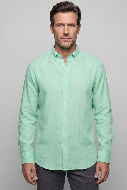 Regular Fit Paşa Yaka Cepsiz Sedef Düğmeli Su Yeşili Erkek Gömlek 