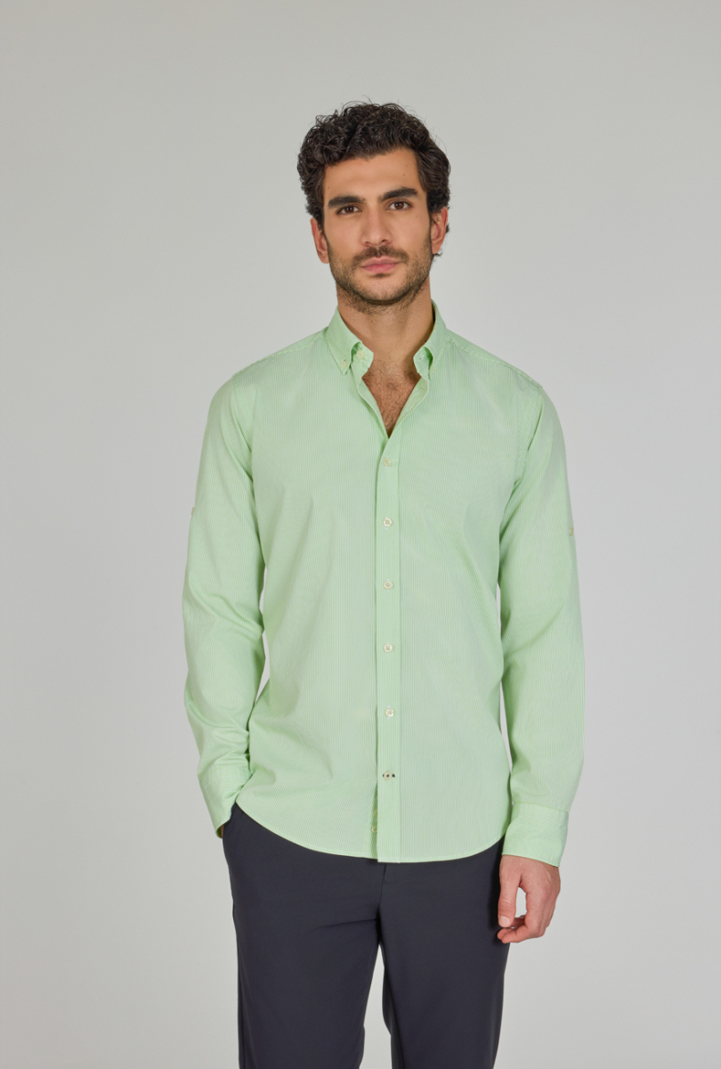 Regular Fit Paşa Yaka Cepsiz Yeşil Pamuk Erkek Gömlek