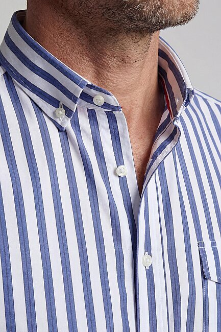 Regular Fit Paşa Yaka Çift Cep Apoletli Çizgili Pamuk Lacivert Erkek Gömlek - 3