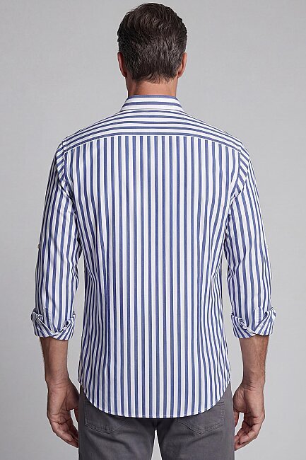 Regular Fit Paşa Yaka Çift Cep Apoletli Çizgili Pamuk Lacivert Erkek Gömlek - 2