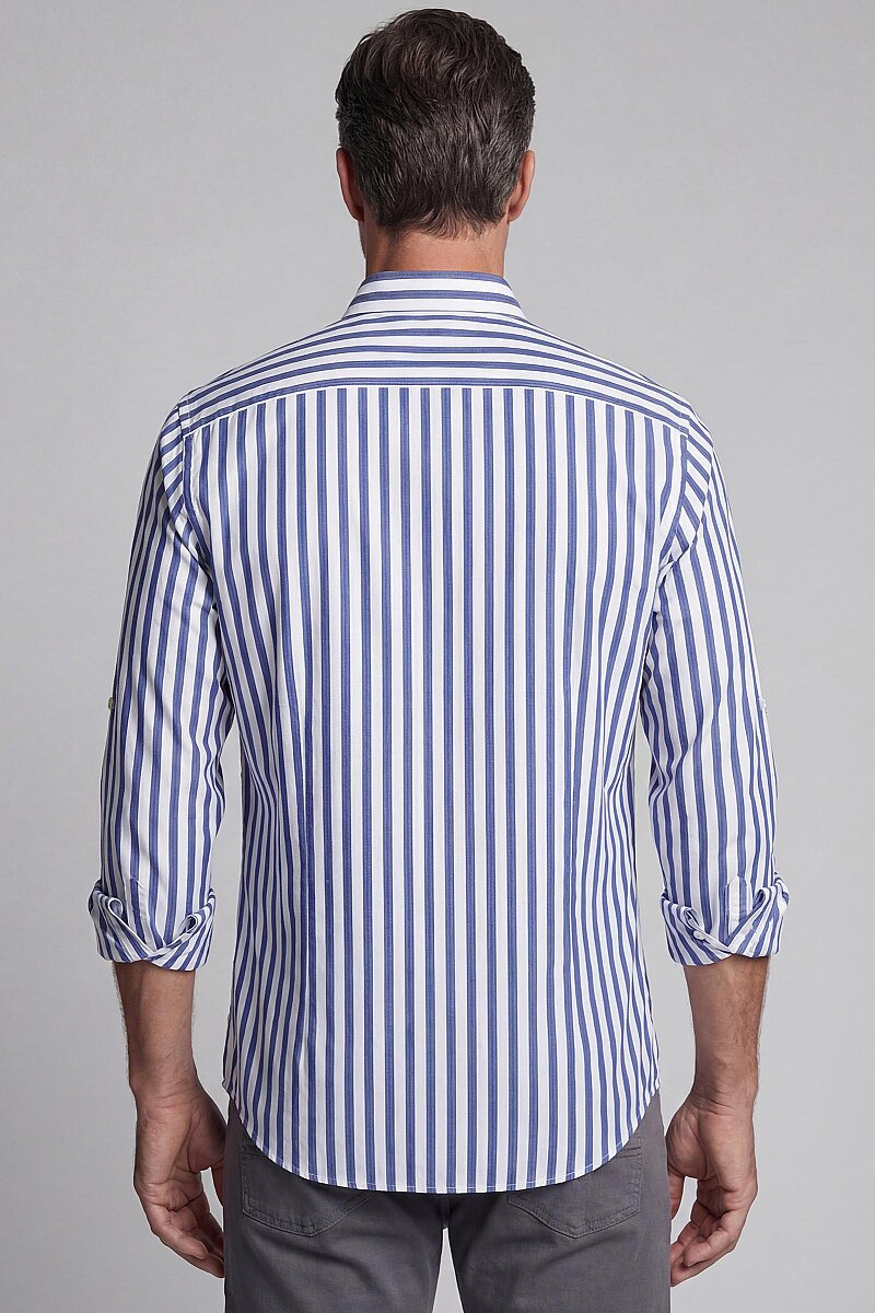 Regular Fit Paşa Yaka Çift Cep Apoletli Çizgili Pamuk Lacivert Erkek Gömlek - 2