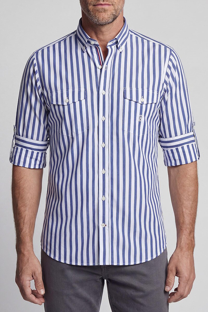 Regular Fit Paşa Yaka Çift Cep Apoletli Çizgili Pamuk Lacivert Erkek Gömlek - 1