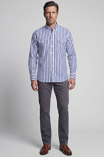 Regular Fit Paşa Yaka Çift Cep Apoletli Çizgili Pamuk Lacivert Erkek Gömlek - 5
