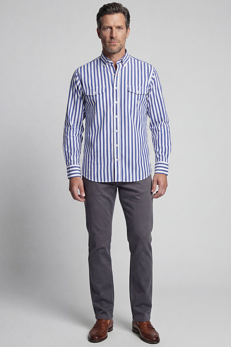 Regular Fit Paşa Yaka Çift Cep Apoletli Çizgili Pamuk Lacivert Erkek Gömlek - 5