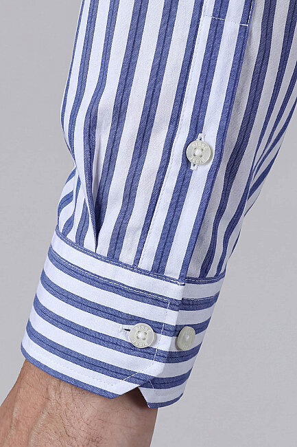 Regular Fit Paşa Yaka Çift Cep Apoletli Çizgili Pamuk Lacivert Erkek Gömlek - 4