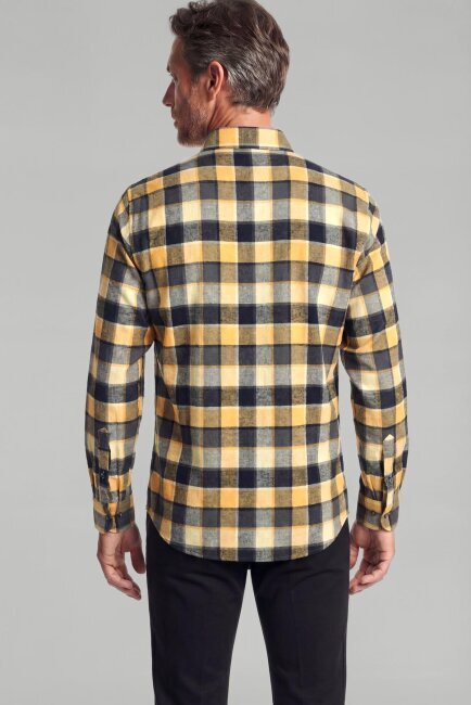 Regular Fit Paşa Yaka Çift Cepli Kapak Flanel Ekose Pamuk Sarı Erkek Gömlek - 2