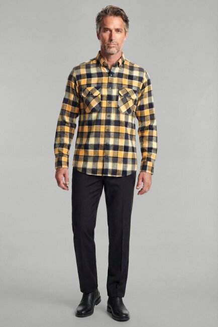 Regular Fit Paşa Yaka Çift Cepli Kapak Flanel Ekose Pamuk Sarı Erkek Gömlek - 3