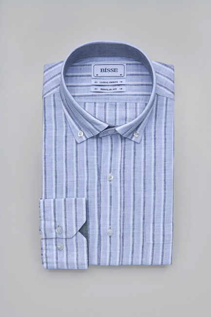 Regular Fit Paşa Yaka Çizgili Açık Mavi Pamuk Keten Erkek Gömlek - 3