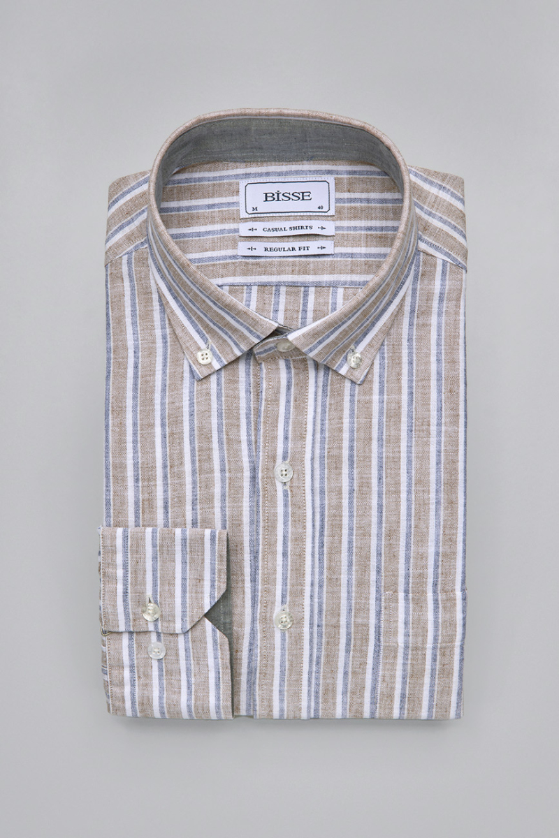 Regular Fit Paşa Yaka Çizgili Kahve Pamuk Keten Erkek Gömlek - 3