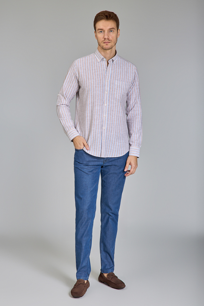 Regular Fit Paşa Yaka Çizgili Kahve Pamuk Keten Erkek Gömlek - 5